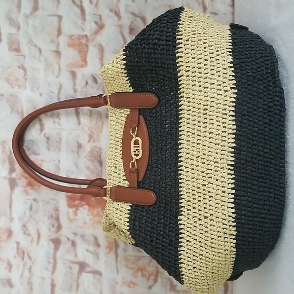 New Ralph Lauren Striped Straw Daphney Tote Bag - Picture 4 of 14